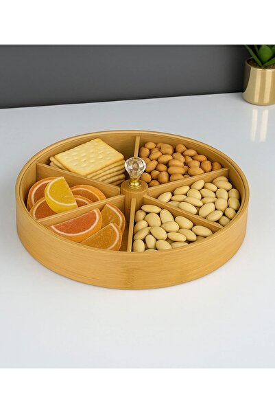 İthal 25 cm 6-Compartment Bamboo Snack Bowl with Lid Breakfast Serving Bowl Round