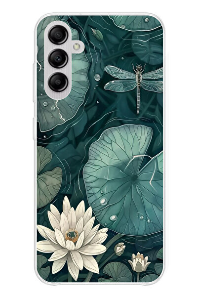 TechTree حافظة سيليكون متوافقة مع هاتف سامسونج جالاكسي A14 باللون الأخضر على شكل زهرة اللوتس واليعسوب مطبوع