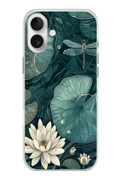 TechTree حافظة سيليكون متوافقة مع هاتف iPhone 16 PLUS على شكل زهرة اللوتس واليراعات الخضراء مطبوع