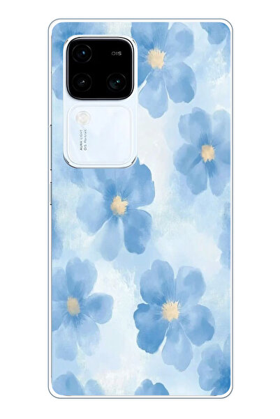 TechTree Vivo V30 Uyumlu Mavi Çiçekler Baskılı Silikon Kılıf