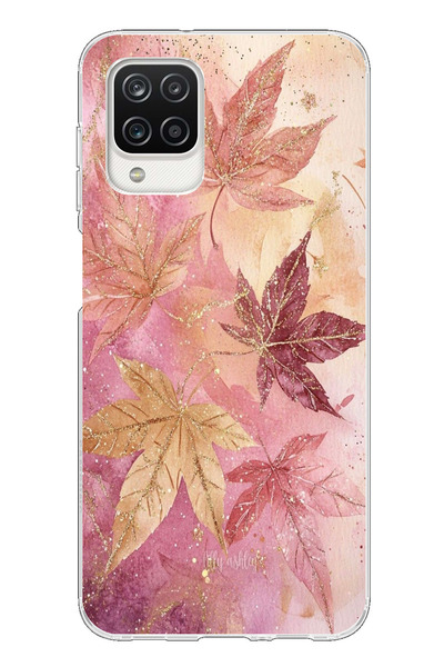TechTree Samsung Galaxy A12-M12 Compatible Pink and Burgundy Tone Leaf Printed Silicone Case