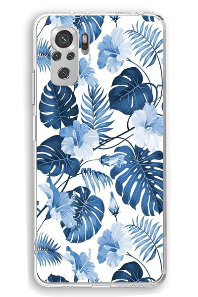 TechTree حافظة سيليكون مطبوع متوافقة مع هاتف Redmi Note 10 / 10S بنمط أوراق الشجر الزرقاء والزهور
