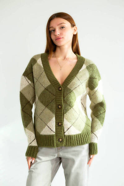 Robin T95124 V Yaka Düğmeli Baklava Desen Kadın Triko Hırka Haki-K.Mint