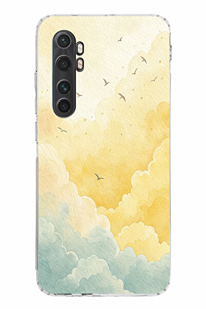 TechTree حافظة سيليكون متوافقة مع هاتف Mi Note 10 Lite باللونين الأصفر والأخضر وسحابة وطيور مطبوع