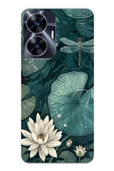 TechTree حافظة سيليكون متوافقة مع هاتف Realme C55 على شكل زهرة اللوتس واليراعات مطبوع