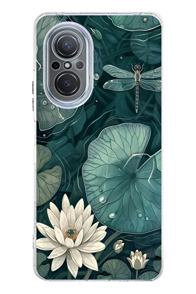 TechTree حافظة سيليكون متوافقة مع هاتف Huawei Nova 9 Se باللون الأخضر على شكل زهرة اللوتس واليافوت مطبوع