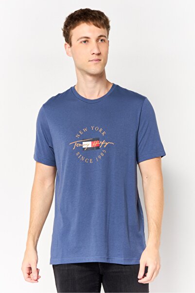 Tommy Hilfiger Men Crew Neck Short Sleeve Brand Logo T-Shirt, Slate Blue