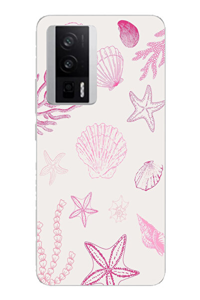TechTree Poco F5 Pro Compatible Pink Starfish and Shell Printed Silicone Case