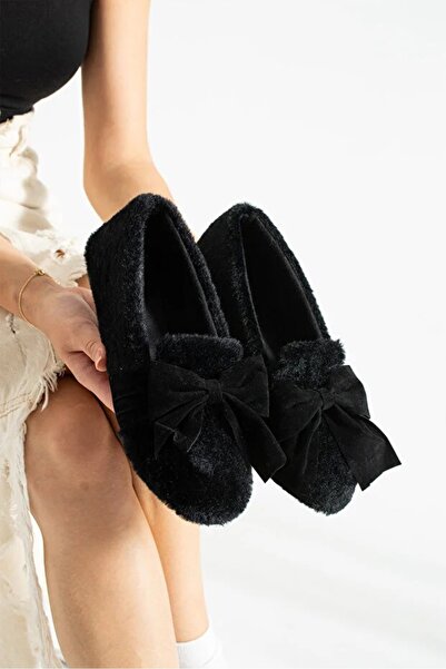 Ayra Moda Bow Detailed Rabbit Fur Elastic Women's Ballerina House Slippers
