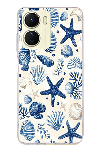 TechTree حافظة سيليكون مطبوع متوافقة مع Vivo Y16 بنمط صدفة البحر الزرقاء والنجمة