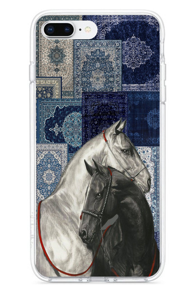 TechTree iPhone 7 Plus-8 Plus Compatible Blue Carpet Patterned Black and White Horse Printed Silicone Case