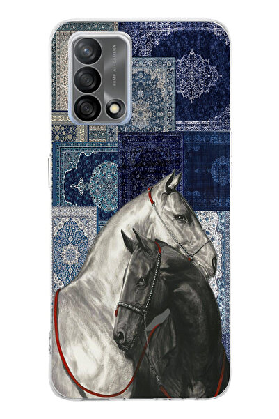 TechTree Oppo A74 Compatible Blue Carpet Patterned Black and White Horse Printed Silicone Case