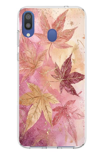 TechTree Samsung Galaxy M20 Compatible Pink and Maroon Tone Leaf Printed Sili...