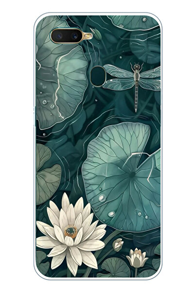 TechTree حافظة سيليكون متوافقة مع هاتف اوبو A5S-AX7-A12 على شكل زهرة اللوتس والنيرس مطبوع