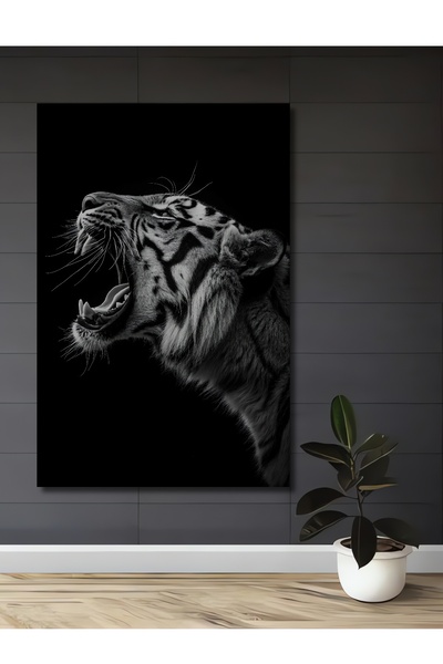 Teona Ahşap Kaplan Ağzı Açık Siyah Beyaz Sanat Ev,Antre,Salon,Ofis,Mutfak Tab...