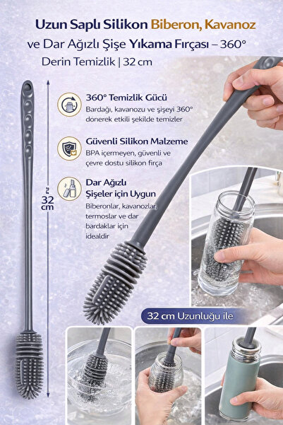 Hane Dostu Uzun Saplı Silikon Biberon, Kavanoz ve Dar Ağızlı Şişe Yıkama Fırç...