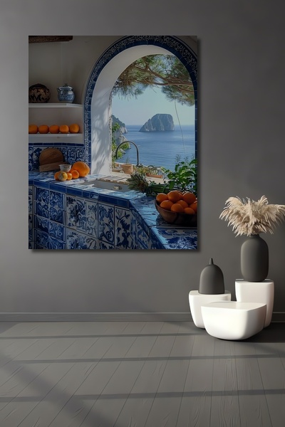 Teona Ahşap Akdeniz Mavi Desenli Limon Bahçesi Manzaralı Ahşap Dekoratif Ev,A...