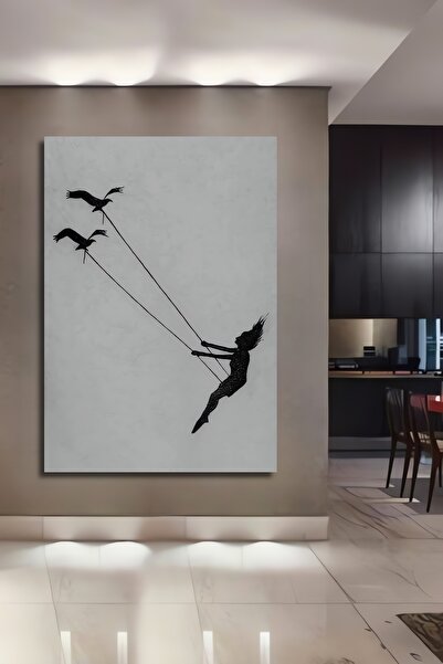 Teona Ahşap Soyut Kuş Figürlü Kadın Salıncak Yağlı Boya Görünümlü Ahşap Dekor...