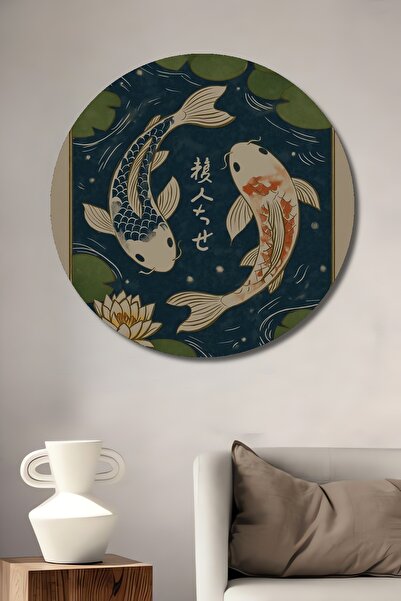 Teona Ahşap Japon Koi Balığı ve Lotus Çiçeği Yağlı Boya Görünümlü Dekoratif A...