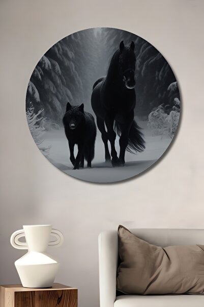 Teona Ahşap Siyah At ve Kurt Kış Ormanı Yağlı Boya Görünümlü Ahşap Dekoratif ...