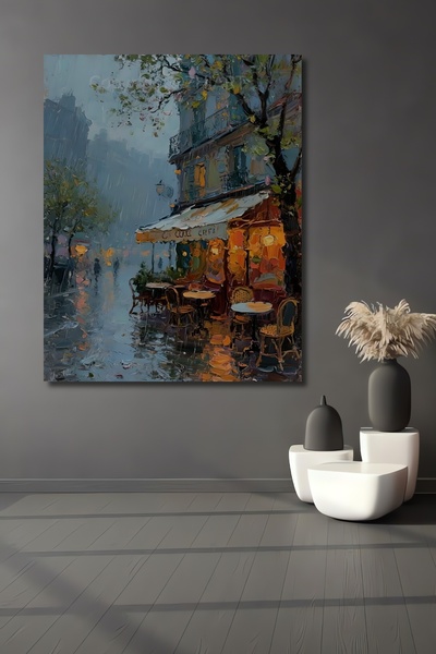 Teona Ahşap Yağlı Boya Görünümlü Paris Kafe Yağmur Manzarası Ahşap Dekoratif ...