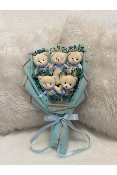Salish Teddy Bear Çiçek Buketi - Peluş Ayıcık, Mavi Kurdele, Çiçek Detaylı - ...