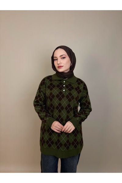 luazul Polo Neck Plaid Patterned Sweater