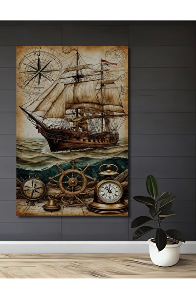 Teona Ahşap Büyük Yelkenli Gemi Pusula Dümen Zaman Temalı Yağlı Boya Görünüml...