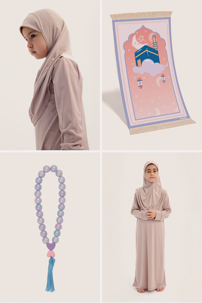 ALLNOORKİDS طقم صلاة / طقم عبادة - ثوب صلاة للفتيات، سجادة صلاة إسفنجية بنقشة...