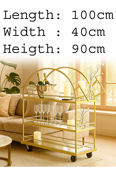 YINZUO عربة تقديم مشروبات ثلاثية الطبقات مع أرفف زجاجية، وإطار معدني ملحوم بالكامل، وعجلات قابلة للقفل.