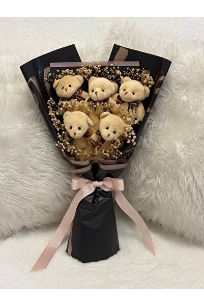 Salish Teddy Bear Çiçek Buketi - Peluş Ayıcık, Kahverengi Love Kurdele, Siyah...