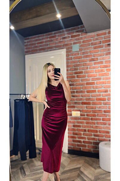 BRN Butik Bordo Kadife Kolsuz Midi Elbise