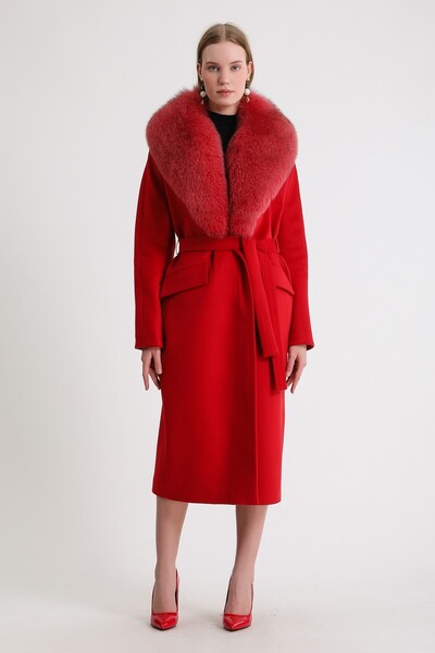 Leather Club Kırmızı Hakiki Deri Garnili Kaşmir Kaban