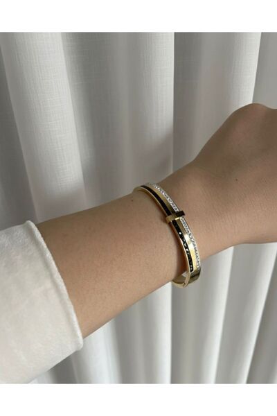 Winy Concept Gold Renk Çift Taşlı İşlemeli Çelik Kelepçe