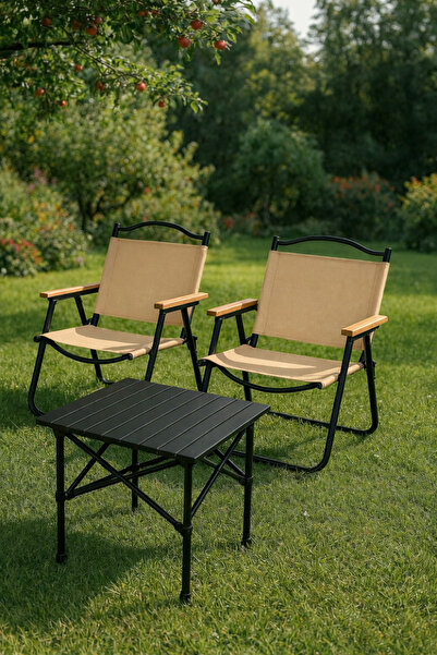 GENERAL طقم رحلات قابل للطي 2 كرسي وطاولة بيج وأسود