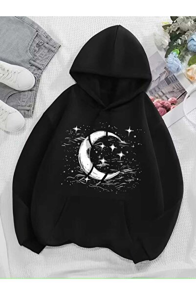 CLASSY.MODA Φούτερ Unisex με θέμα το φεγγάρι oversized με κουκούλα