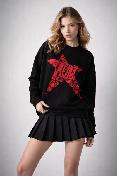 NEER Kadın Yıldız Oversize Triko Kazak-Bisiklet yaka