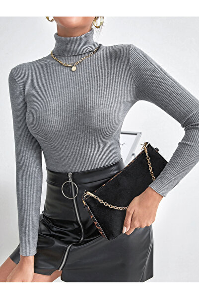 SKYBEAR Women's Gray Turtleneck Ribbed Knit Knitwear Sweater – Winter Model S...