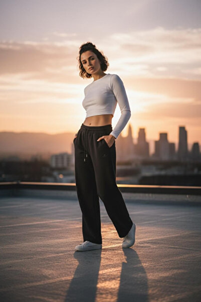 GM Pantaloni negri pentru femei, 100% bumbac, cu picior larg și talie înaltă