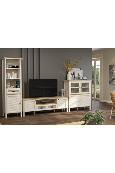 Sakura Ahşap Hunerika MİSTO SET 4 tv ünitesi-kitaplık-vitrin-krem/legnano-Min...