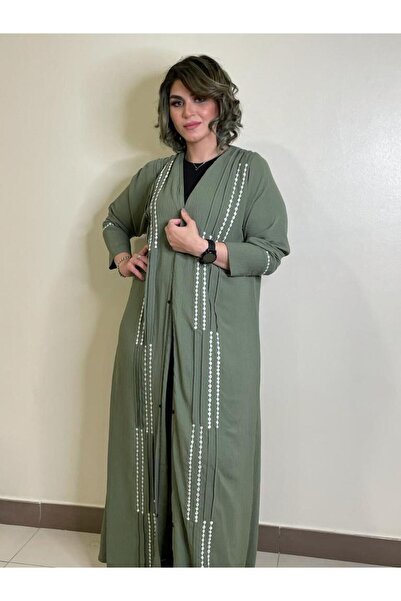 LocalShop Olive-colored abaya with a white thread design