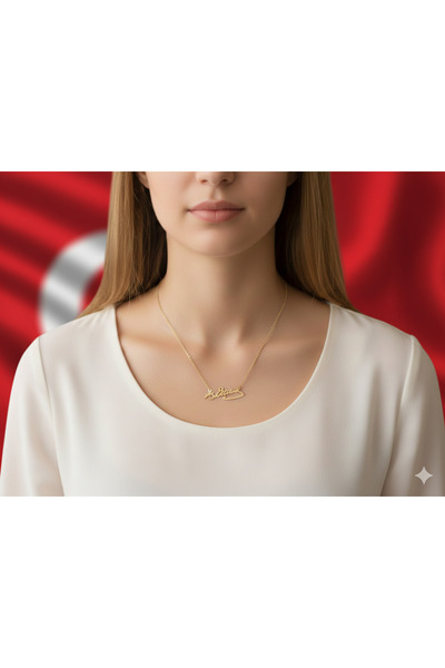 ForgeBox Atatürk İmzası Figürlü Çelik Kolye Gold Renk Zarif Şık Tasarım