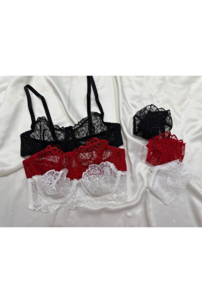 İNKO İÇ GİYİM Leaf Pattern Floral Underwire Cupless Bra Thong Set 6-Piece Set