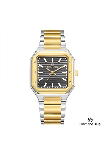 Diamond Blue ساعة دايموند بلو رجالية، سوار فضي وذهبي وصحن أسود، إطار مربع فريد.