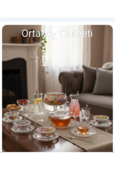 ORTAKÖY CENNETİ Boncuklu 12 parça 6 kişilik mini lokum drajelik set 8 cm kase 12 cm tabağı kahve yanı sunumluk