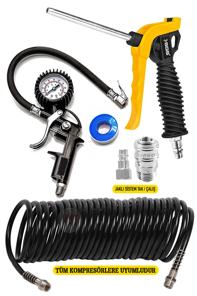 PROXTECH 15 Metre Spiralli Kompresör Hortumu Oto Lastik Şişirme Saatli Hava Tabancası Seti