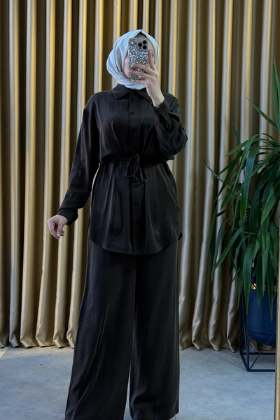 clande 3019 Silk Suit with Pants Brown