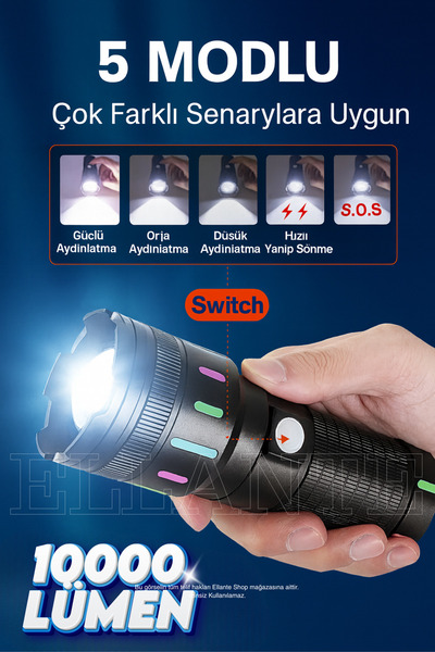 ellante ÇOK GÜÇLÜ Led El Feneri Yüksek Güç Şarj Edilebilir Taktik El Feneri K...