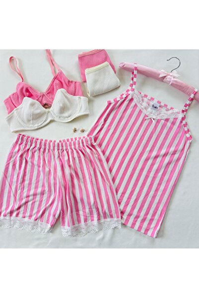 İNKO İÇ GİYİM 6-Piece Set Cotton Bra Thong Set Strappy Striped Pink&White Paj...