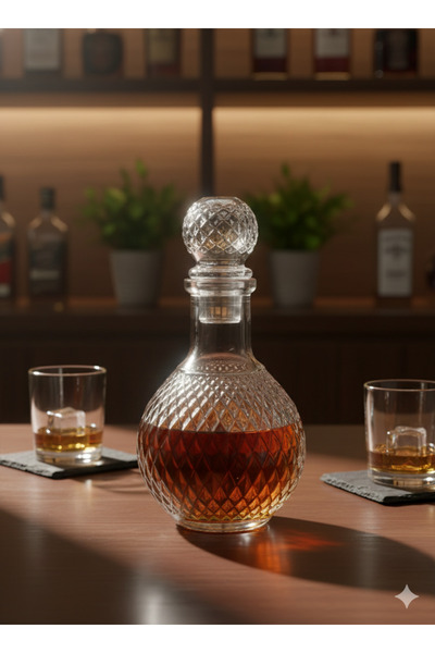 Heykelza Cam Kapaklı Desenli Cam Şişe / Karaf